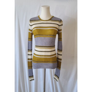 Happy Sheep Womens Yellow Gray Cream Striped Cashmere Sweater Small